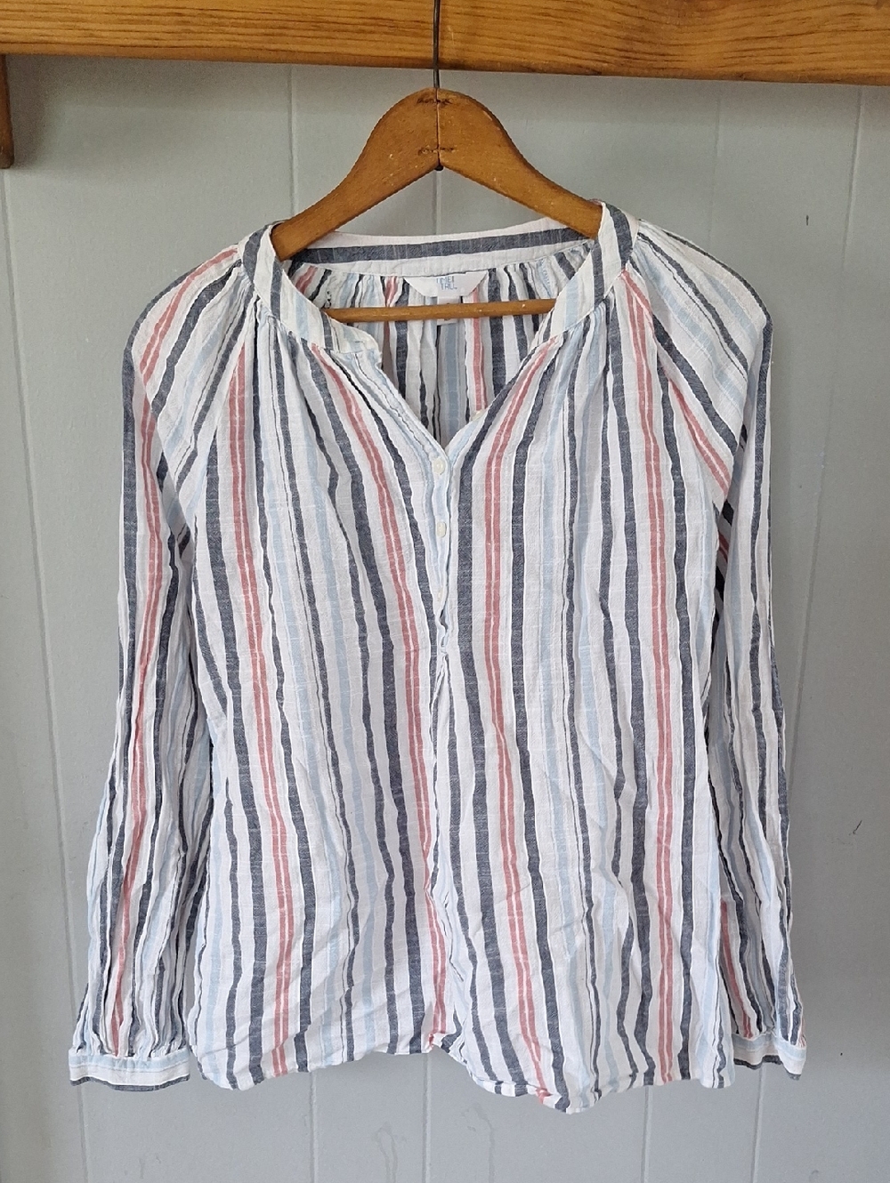 Time and Tru White Button-Front Top with Blue & Pink Stripes
